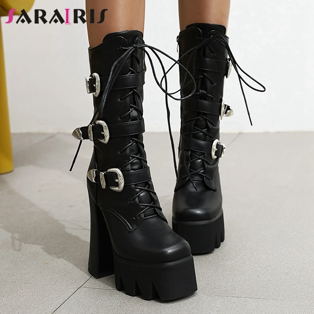 

SARAIRIS Big Size 34-43 Female Mature Sexy Fashion Boots Mid Calf Boots Women Platform Thick High Heels Buckle Shoes Woman