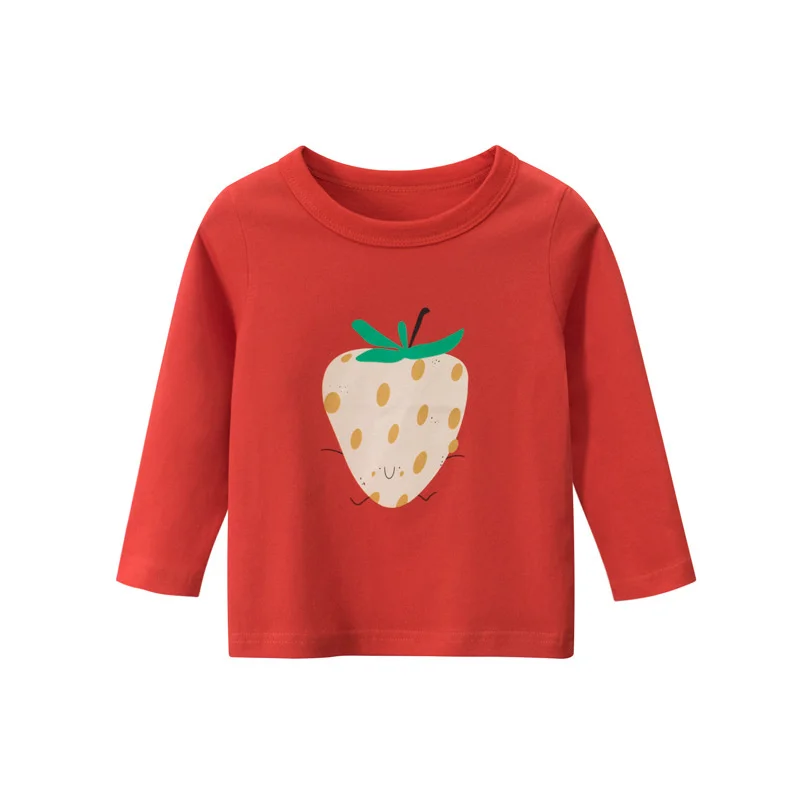 

Cute Girls Blouses Strawberry Print Children's Spring And Autumn New Korean Long Sleeve T-shirt Red O-neck Kids Bottom Shirt