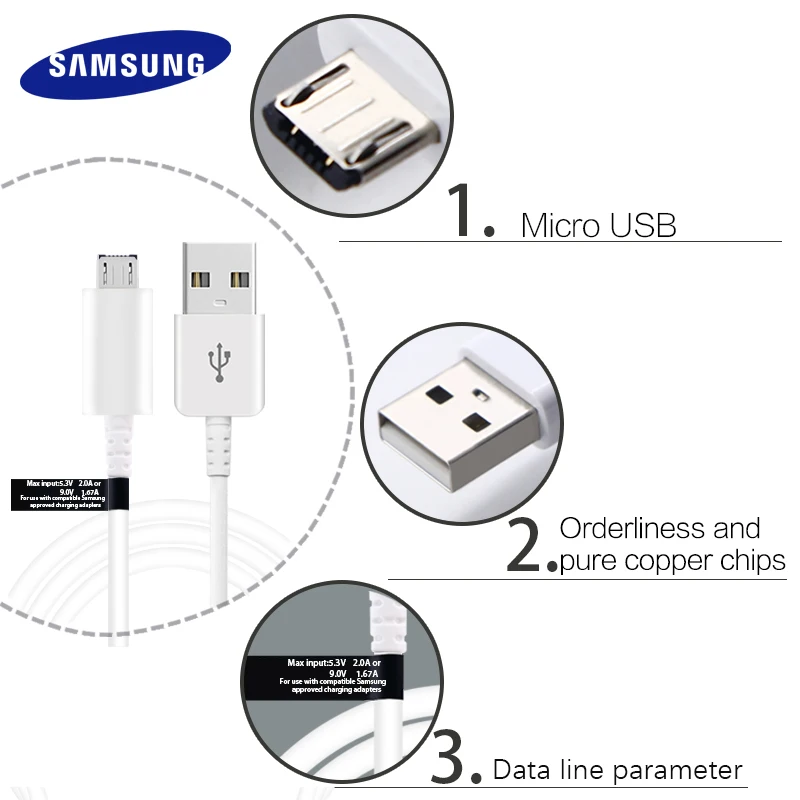 Оригинальное быстрое зарядное устройство Samsung с micro usb кабелем 2/1/1 5 м 2 А кабель