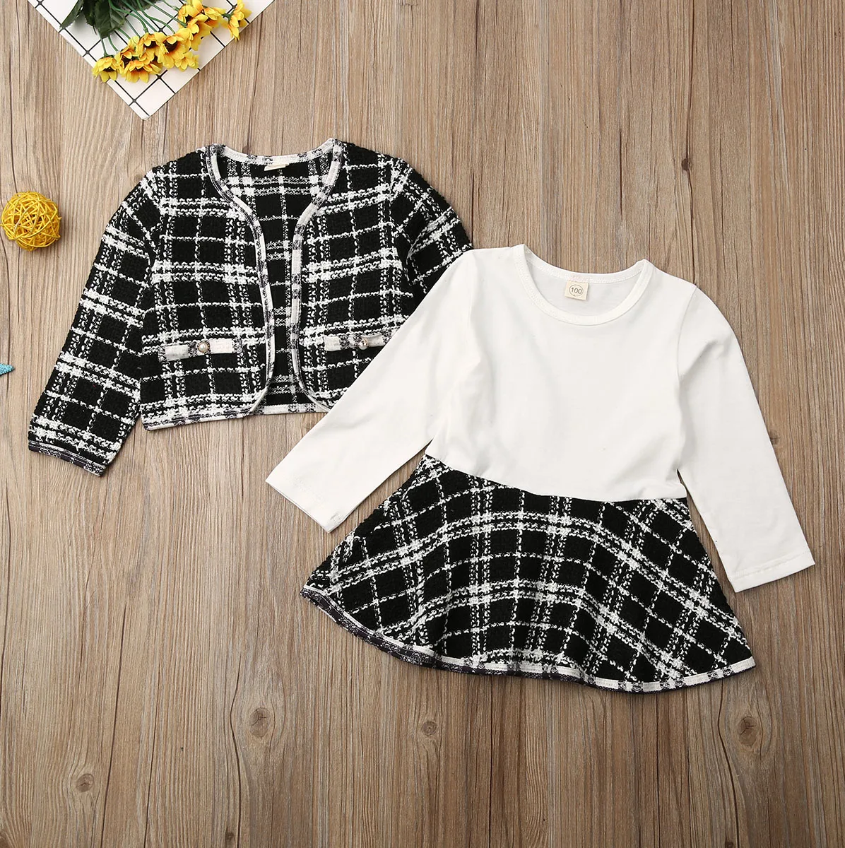 

Fashion Toddler Baby Girls Clothes Sets Birthday Long Sleeve Plaid Coat Tops+Dress 2Pcs Party Autumn Winter Warm Outfit Set 1-6T