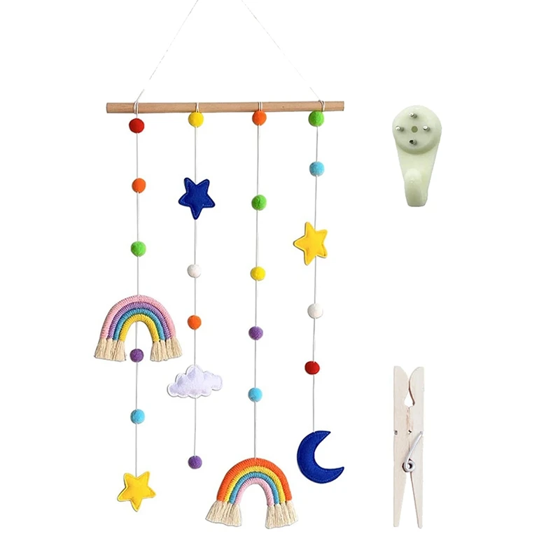Rainbow Baby Room Decor Kids Bedroom Macrame Photo Display Colorful Ball Wall Hanging Organizer With 25 Wood Clips | Дом и сад