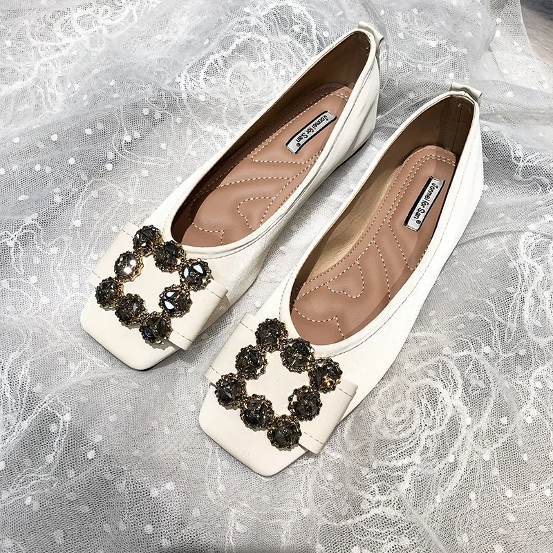 

Flat Black Shoes For Women Casual Female Sneakers Crystal Ladies' Footwear Square Toe Elegant Shallow Mouth Modis New Rhinestone
