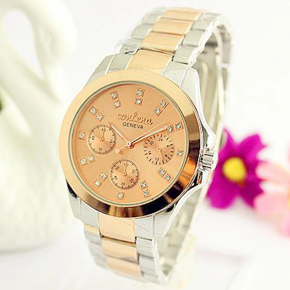 Золотые роскошные женские часы Geneva из нержавеющей стали модные Reloj Mujer Relogio Feminino |