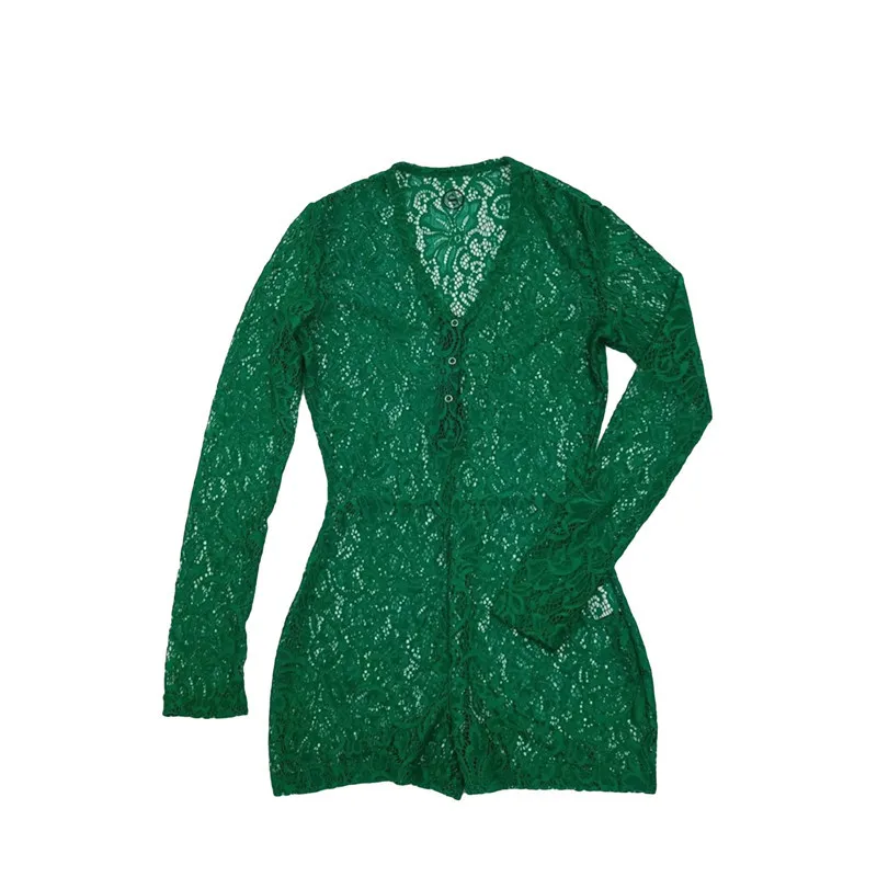 

2021 Sexy Women Lace Romper Ladies Bodycon Jumpsuit V-neck Boduycon Button Long Sleeve Leotard Playsuit Bodysuit Homewear