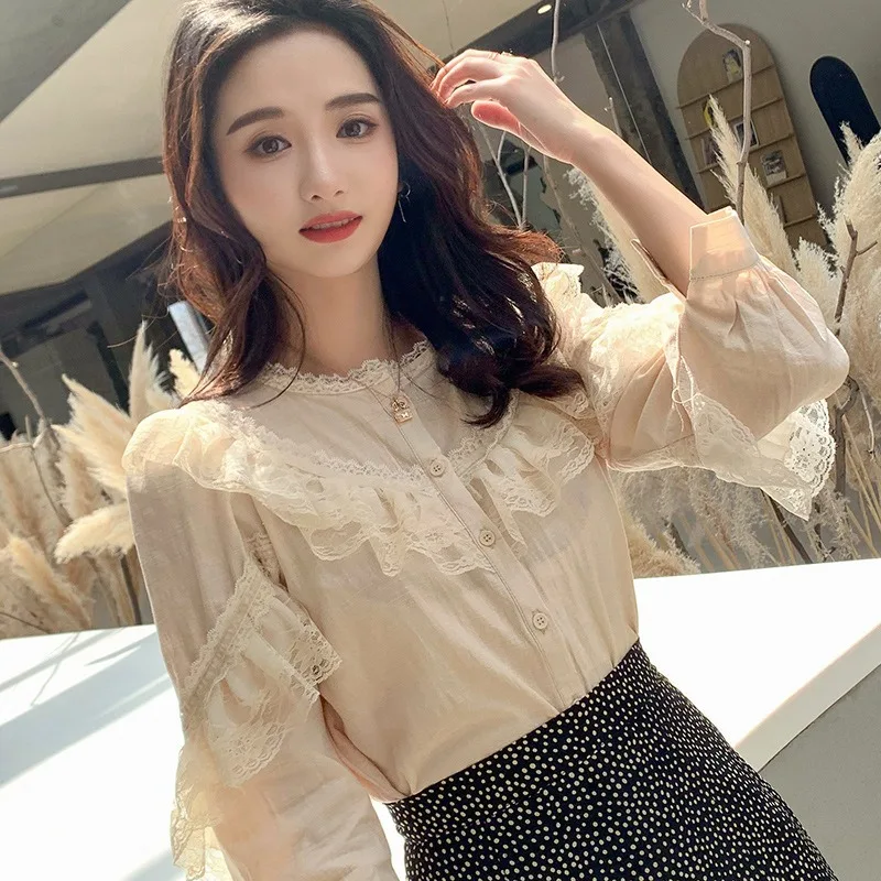 

QWEEK Elegant Blouses Women Lace Top Long Sleeve Button Up Shirt Women Office Ladies Plus Size Korean Fashion Cotton Blouse Chic