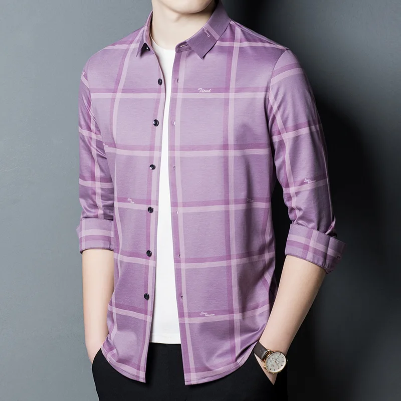 

Spring and summer new men's Mulberry Silk Long Sleeve Plaid Shirt Men's large casual men's loose ice thin shirt