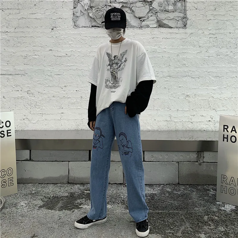 Синие джинсы мужские летние Харадзюку уличные свободные дикие печати мультфильм