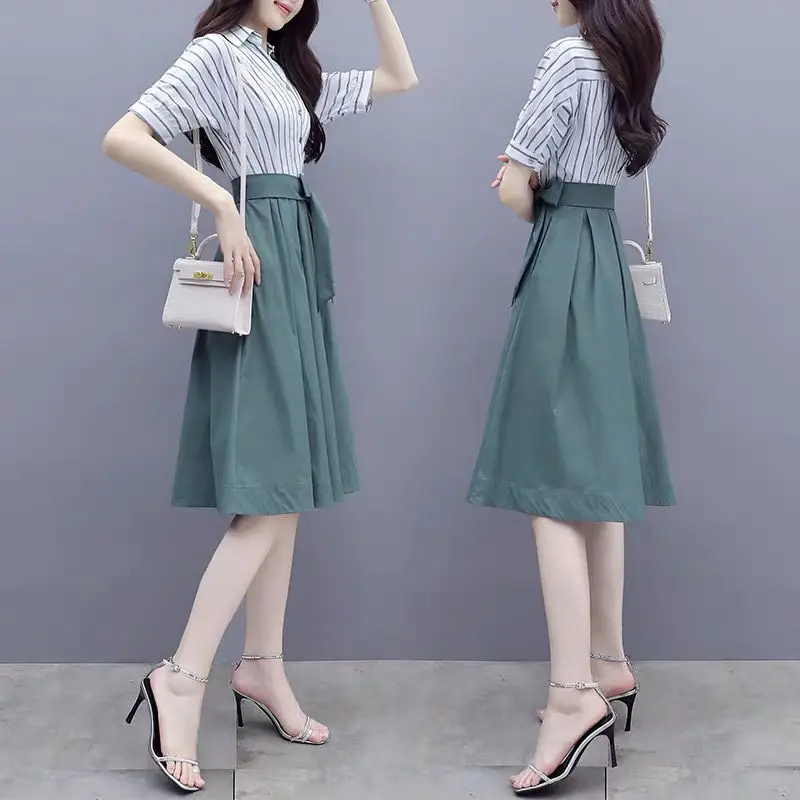 

Dress Elegant OL Female Short Sleeve Business Dresses Women's Summer Casual Shirt Dress Fashion Slim Waist Striped A-Line