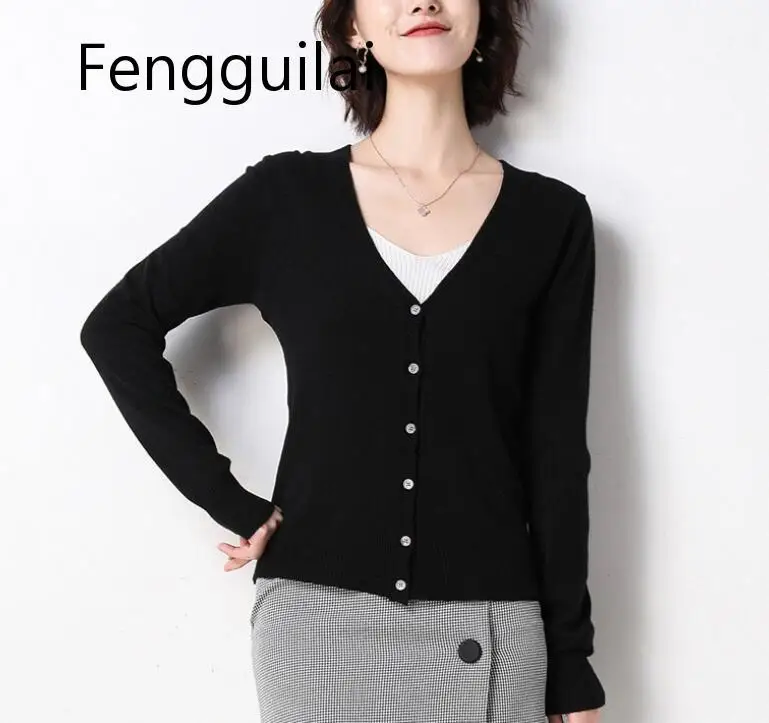 

FENGGUILAI Basic Ribbed Cardigan Sweater Women Knitted Cotton V Neck Slim Essential Jumper Long Sleeve Sweaters Black Gray Fall