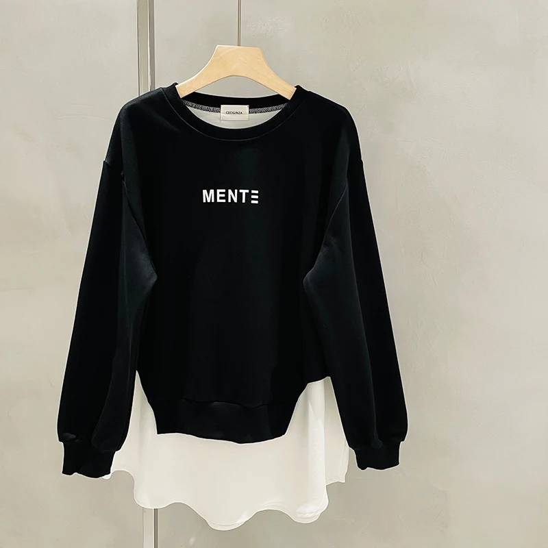 

2021 Spring New Fake Two-Piece Sweatshirt Women Loose Korean Style Round Neck Mid-Length Top Long Sleeve