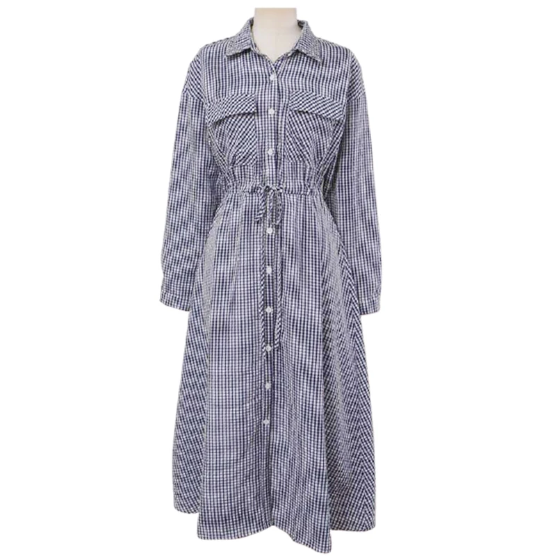 

Spring and Autumn New Korean Style Retro Plaid Shirt Dress Mid-Length Waist-Controlled Slimming Long Sleeve Temperament Commute