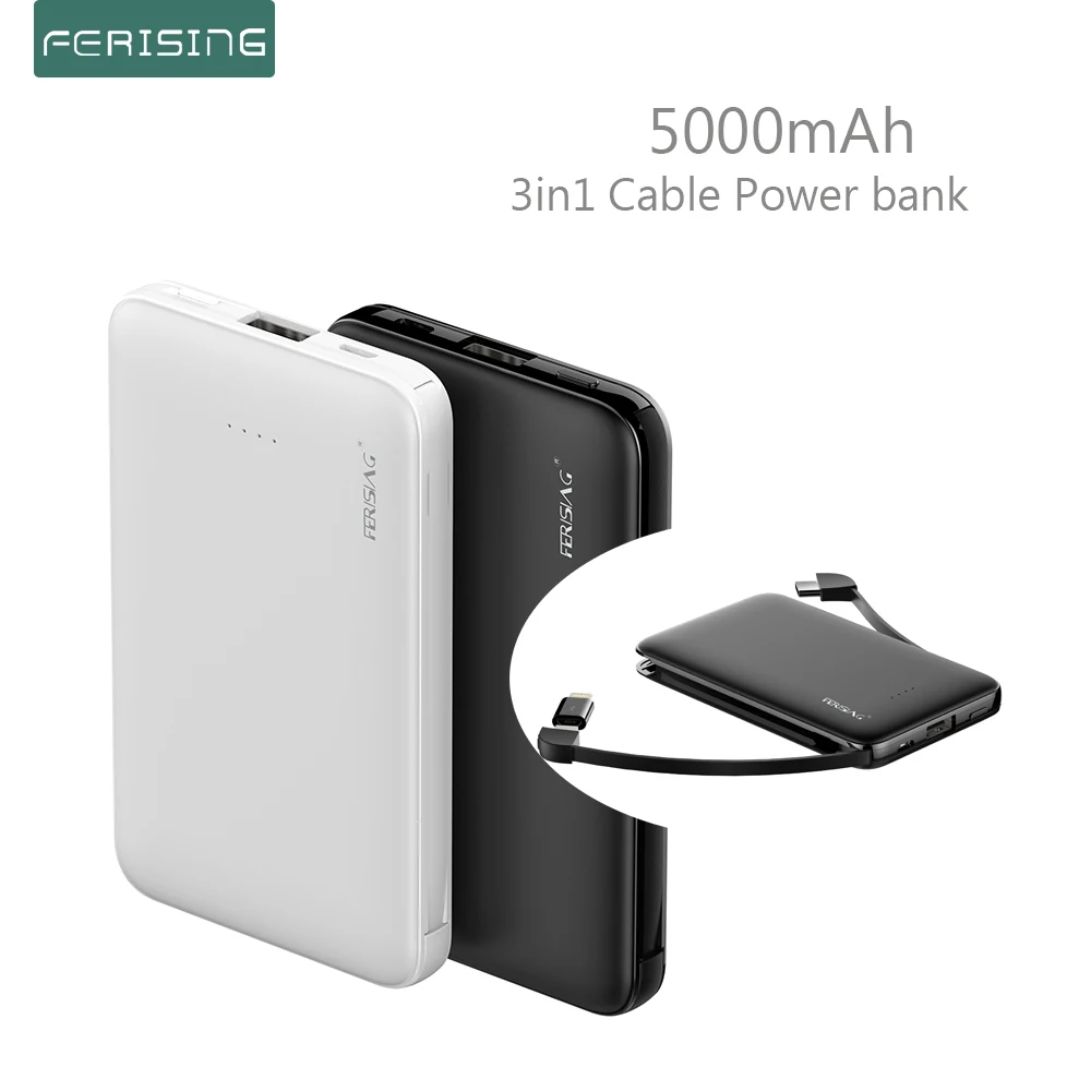 Зарядное устройство FERISING со встроенным кабелем Power Bank 5000 мА/ч USB Type C портативное