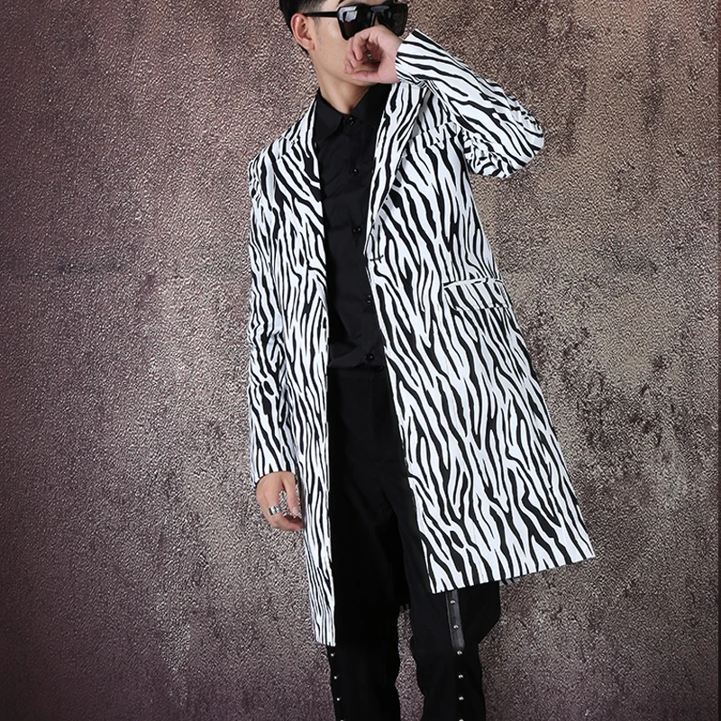 

Men Streetwear Hip Hop Stage Show Suit Coat Zebra Pattern Single Button Slim Fit Long Suit Jacket Blazer Coat Male Outerwear