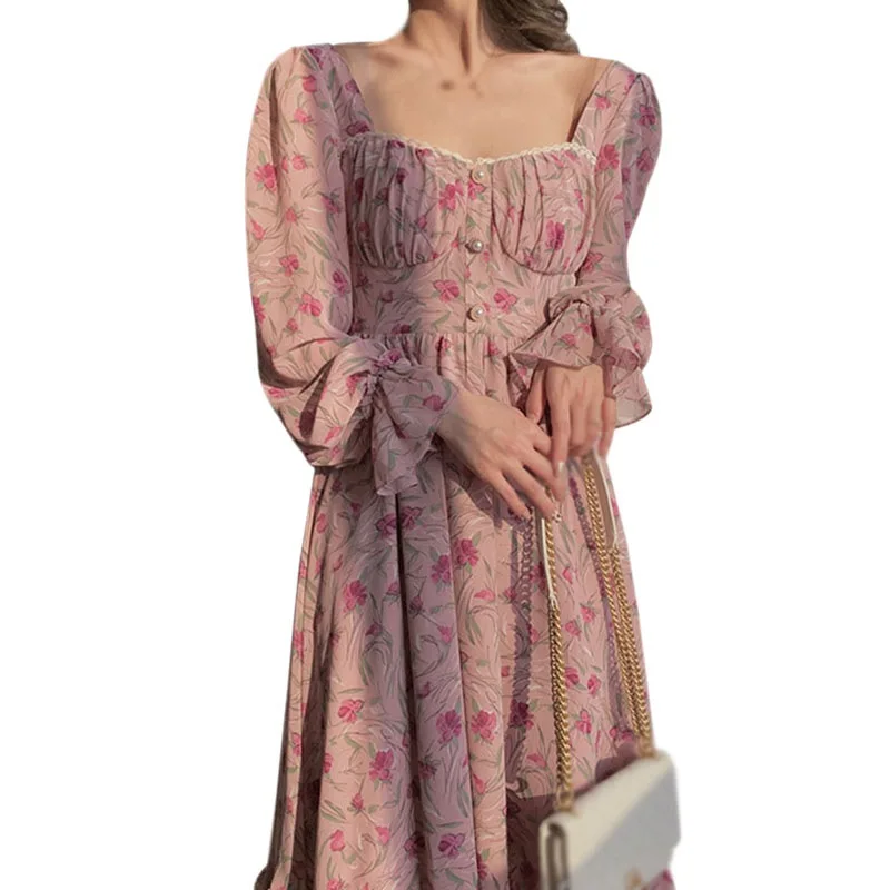 

Women Long Buttons Dress Spring/Autumn Long Sleeve Elegant Ladies Flower Square Collar Dresses Party Clothes For Woman