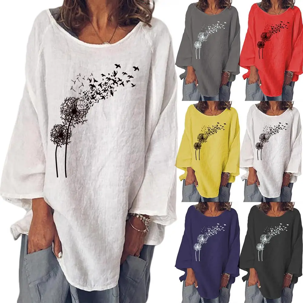 

Dandelion Printed Graphic Tees Plus Size Women Long Sleeve Blouses Casual Loose T Shirt