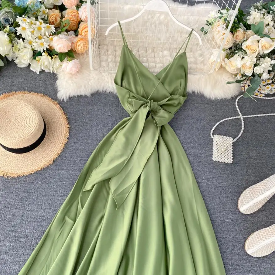 

Women V-neck Summer Dress 2021 Sleeveless Sexy Backless Slim Bandage Party Spaghetti Strap Dresses Elegant A-line Midi Dress