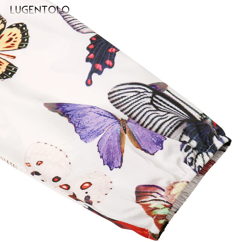 

Lugentolo Women's Harajuku Dress Casual Long Sleeve Floral Butterfly Print Dress O-Neck Vintage Loose Big Swing Lady Maxi Dress