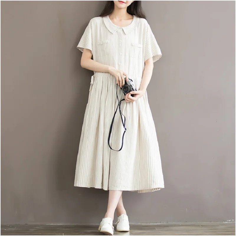 

Summer Mori Girl Women Casual Dress Peter Pan Collar Loose Waist Stripe Vestidos Short Sleeve Cotton Linen Midi Dresses
