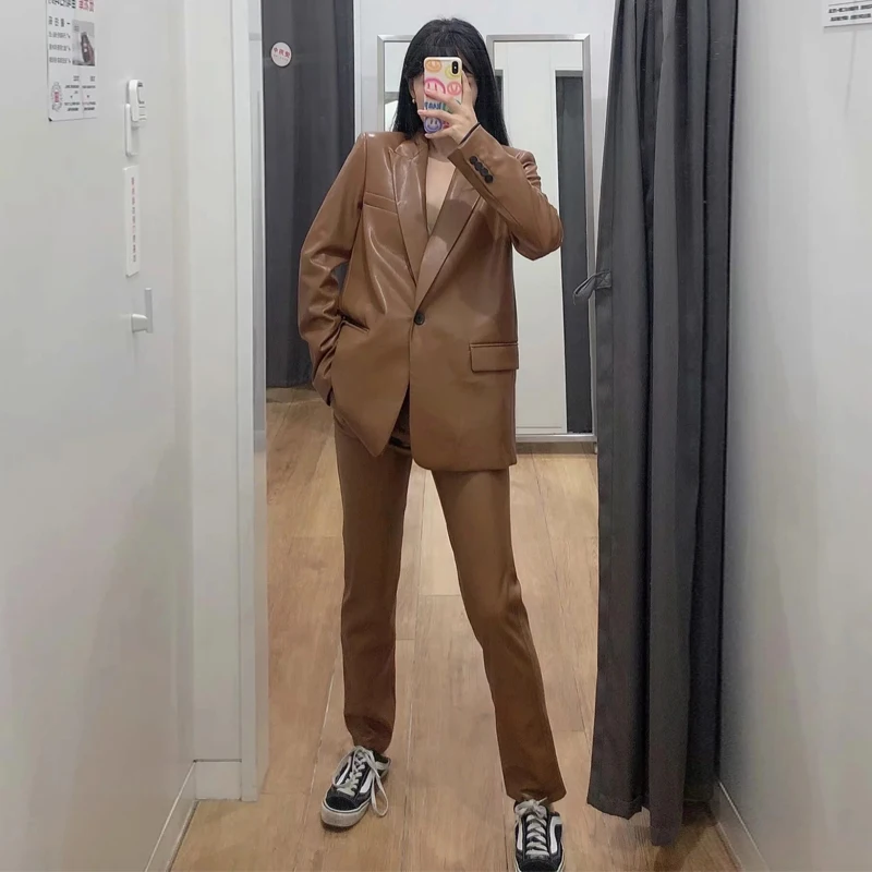 Женский винтажный костюм из искусственной кожи элегантный пиджак и брюки на