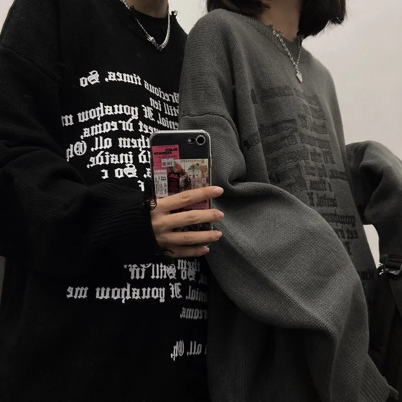Woherb новый модный рваный свитер с надписью для женщин и мужчин топы пар джемпер Goth