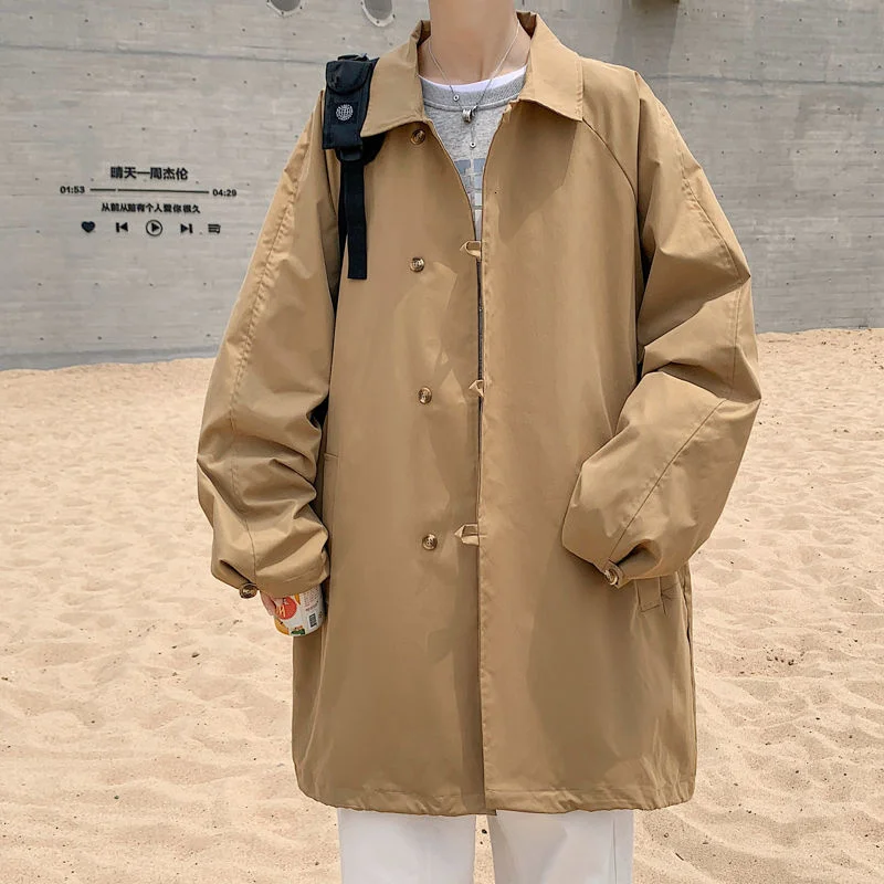

2021 Men's Fashion Medium Length Coats Single Breasted Streetwear Bomber Jacket Clothes Black/khaki Color Windbreaker Size M-5XL