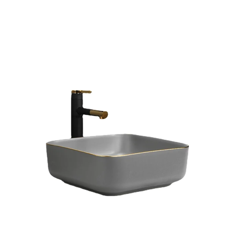 

Fregadero de porcelana de encimera de estilo nórdico Lux, ribete dorado fresco, lavabo individual, lavabo de baño para el hogar