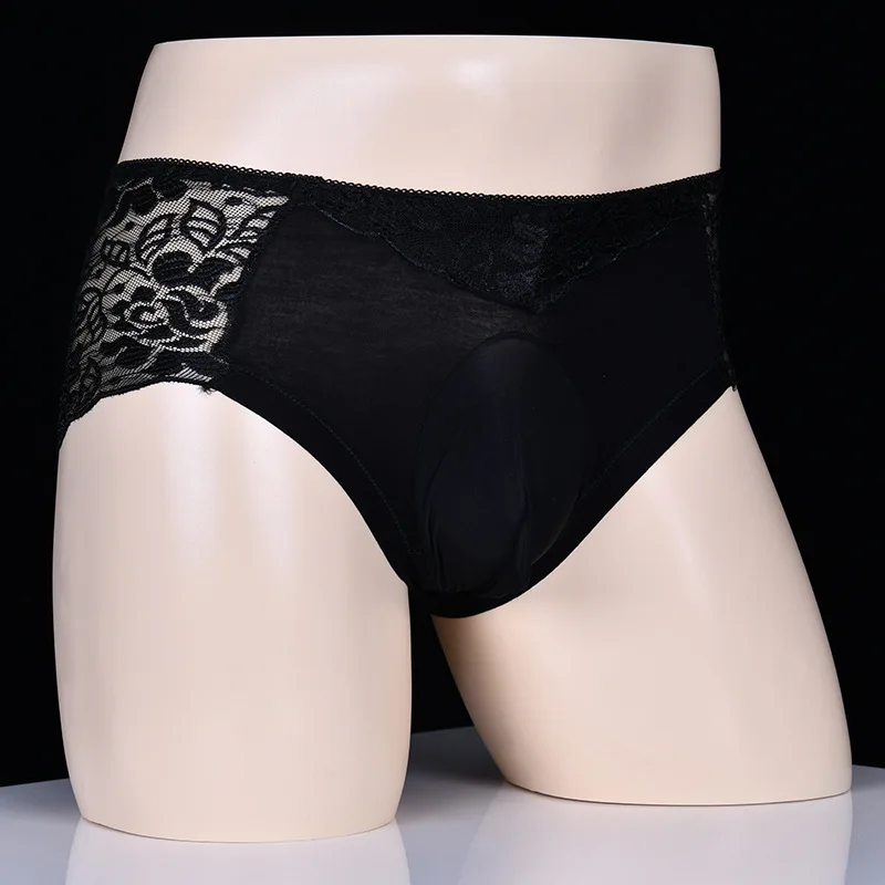 

Qinghe Men's Lace Underwear Back Hollow Bowknot Design Sexy Glossy Egg Pouch Physiological Triangle Shorts