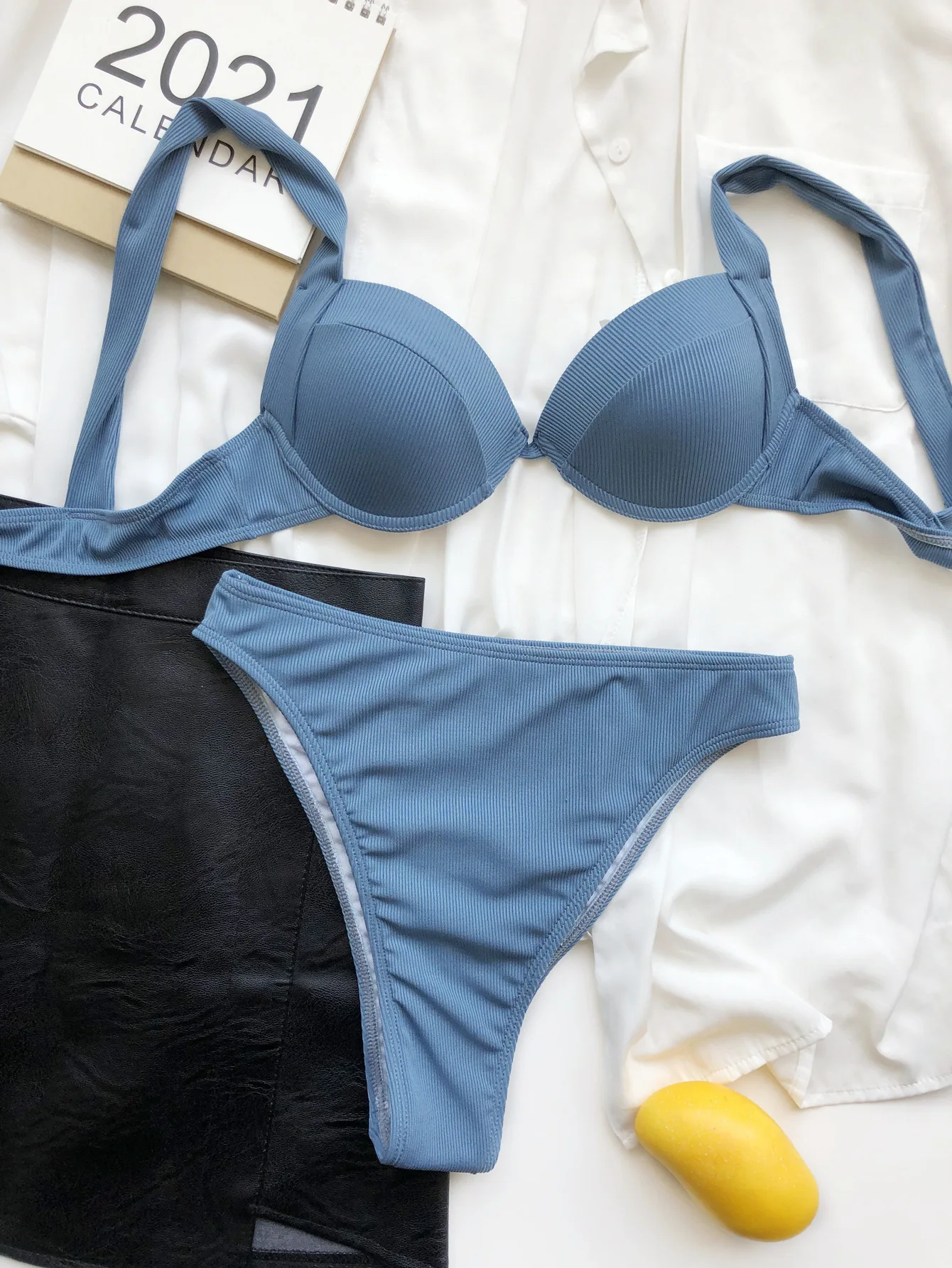 

Solid Swimsuits for Women Push Up Ribbed Bathing Suit Basic Model Swimwear Bikini Set Sexy Bakini 2021 New Arrival