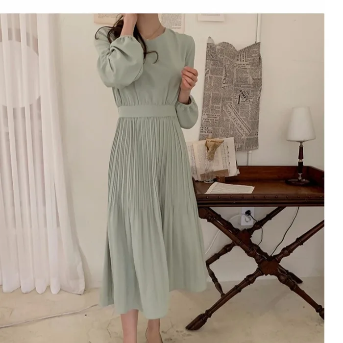 

Korean Style Ins Gentle Girl Cute Youth-Looking Temperament Lady Style Slimming Mid-Length Cinched Pleated Dress for Women