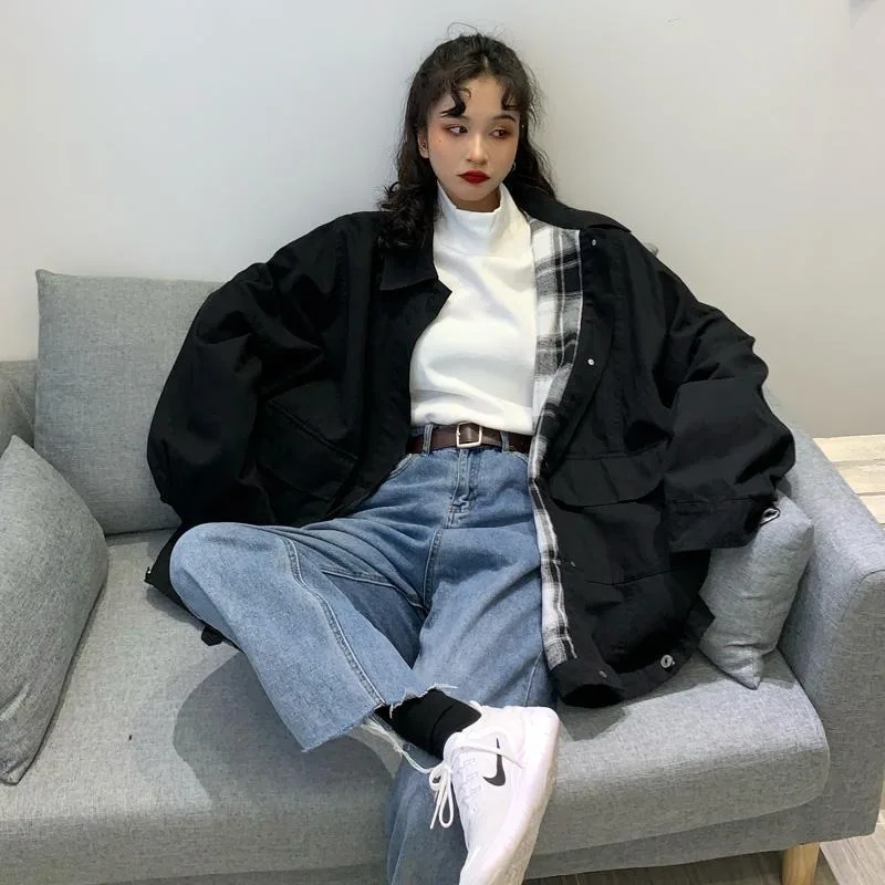 

Jackets Women Solid Cargo Tops Turn-down Collar 2XL Oversize Korean Fashion Casual Ins Students Vintage Retro Harajuku Coats New