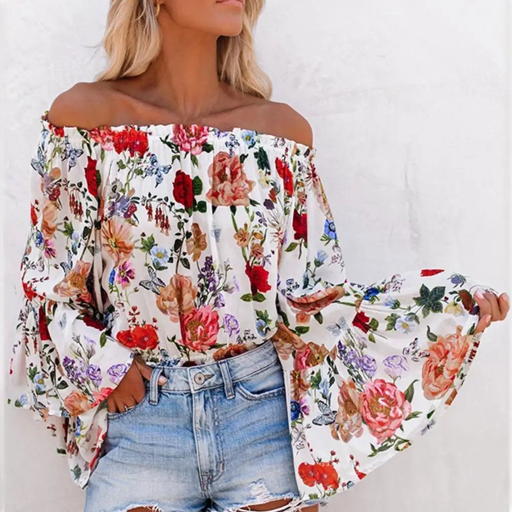 

2021 Blouse women summer Sexy Off Shoulder Long Flared Sleeve Floral Print Loose Blouse shirt Top woman fashion Elegant blouses