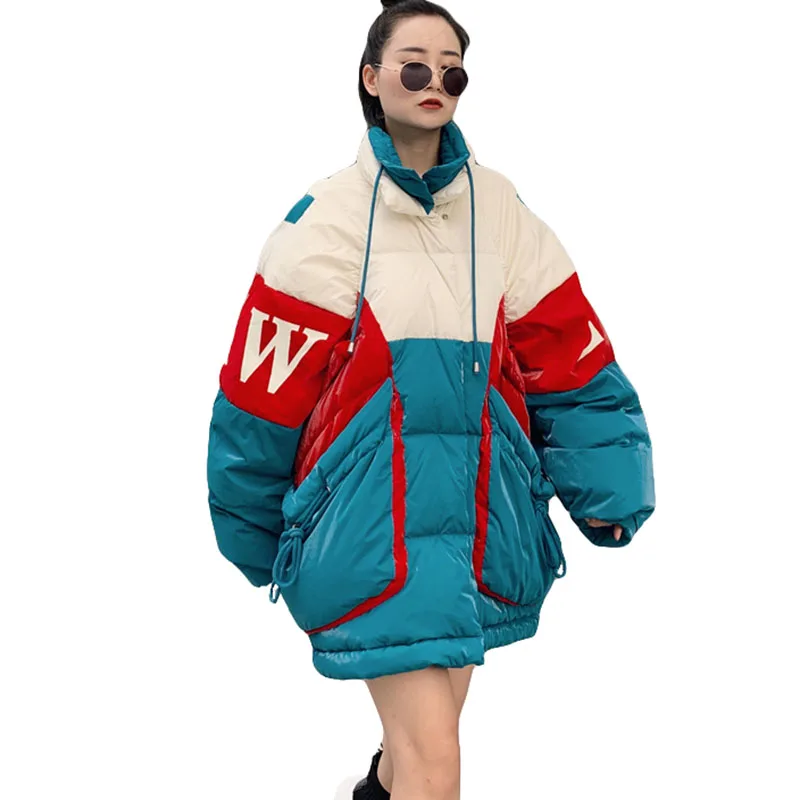 

Winter Jacket Women Retro Contrast Color Bat Sleeve Design Loose Warm Parka Coats Ladies Street Style Cotton-padded Coat Female