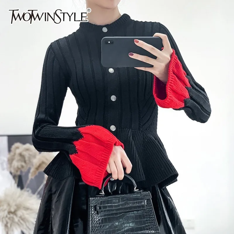 Женский вязанный кардиган TWOTWINSTYLE разноцветный свитер с оборками и длинным