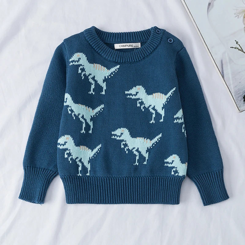 

Осенне-зимний детский свитер, пуловер с мультяшным динозавром, трикотажная одежда, хлопковая детская одежда, вязаный свитер для маленьких д...