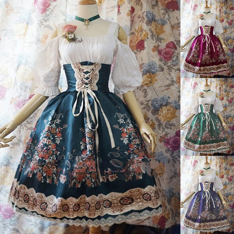 

Vintage Dress Summer Cosplay Maid Palace Lolita Print High Waist Long Sleeve Lace Victorian Gothic Medieval Women's Clothing