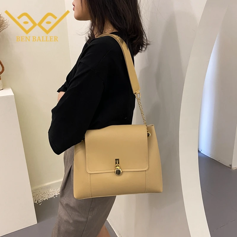 

Женская вместительная сумка-тоут BEN BALLER, новая модная простая сумка через плечо в западном стиле, сумка из искусственной кожи на цепочке, 2021