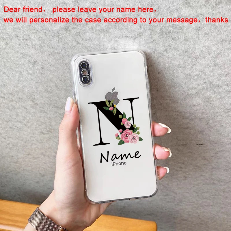 flowers diy for iphone 11 12 13 pro mini custom capital letters name phone case for x xs max xr 7 8 plus se new silicone cover free global shipping