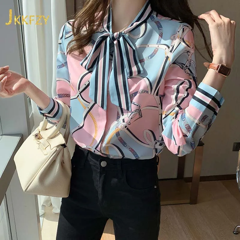 Женская шифоновая блузка с длинным рукавом элегантная офисная рубашка бантом и