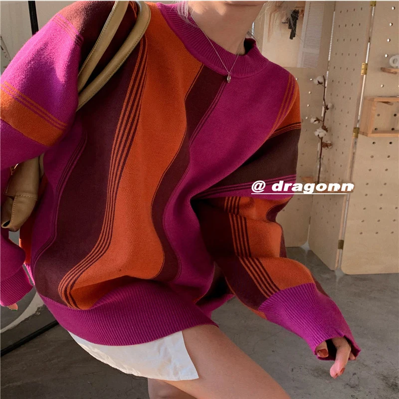 

Thickened couple contrast color loose round neck sweater