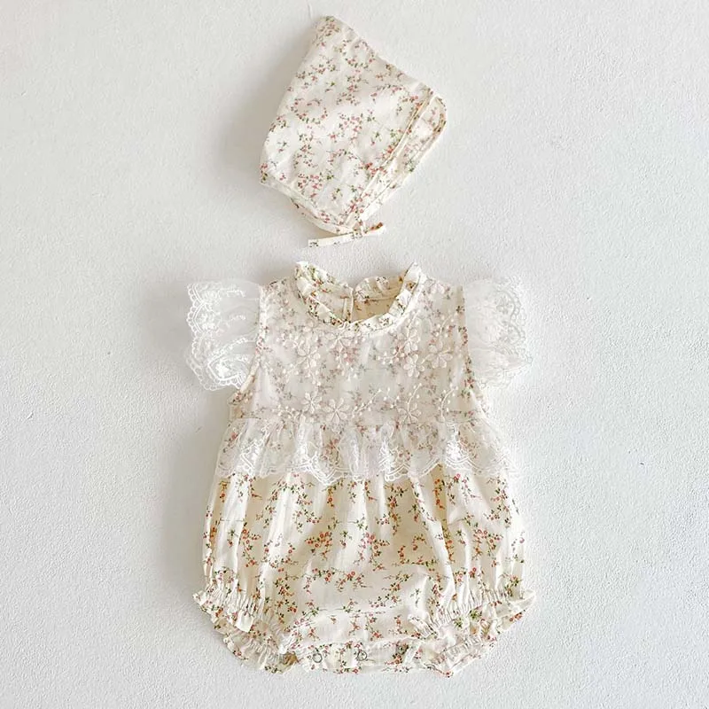 

Summer Newborn Toddler Girls Bodysuits Cute Infant Baby Girl Mesh Lace Fly Sleeves Bodysuit Jumpsuit Hat Outfits Clothes