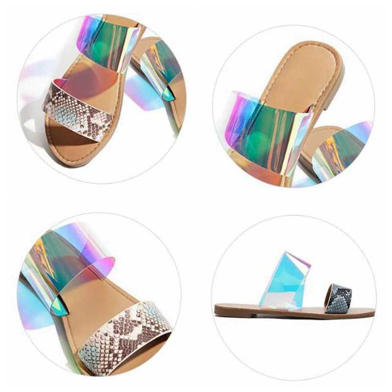 

Girseaby 2020 Woman Summer Novelty Flat Slippers Open Toe Low Square Heels Pu Snake Leopard Big size 36-42 Leisure Party C1853