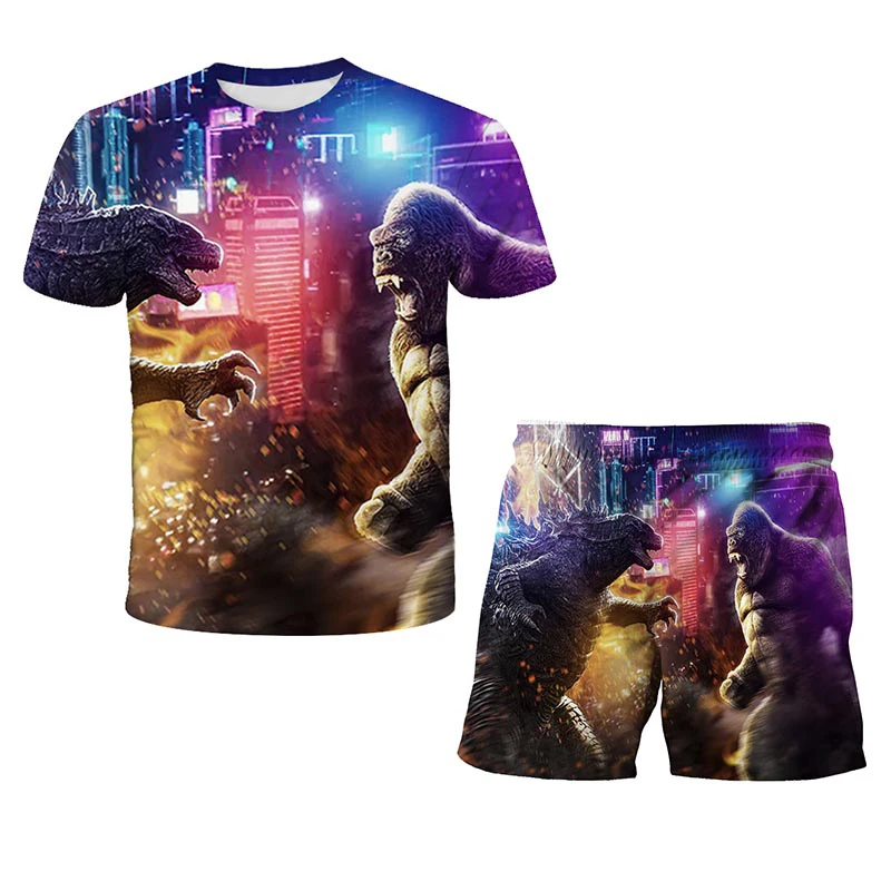 

New Children's T-shirt Suit Godzilla-T-shirt Top + Shorts 2 Sets Summer Boy Girl 3D Printing Fashion Short-Sleeved Clothing Suit