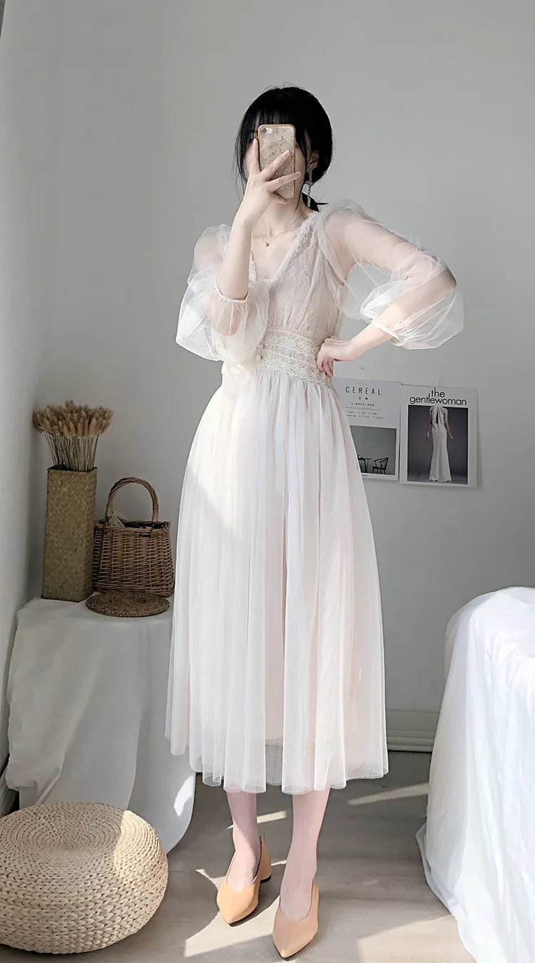 

Pure color dress summer lovely girl chiffon skirt 2021 new French lace V-neck cool mesh long skirt