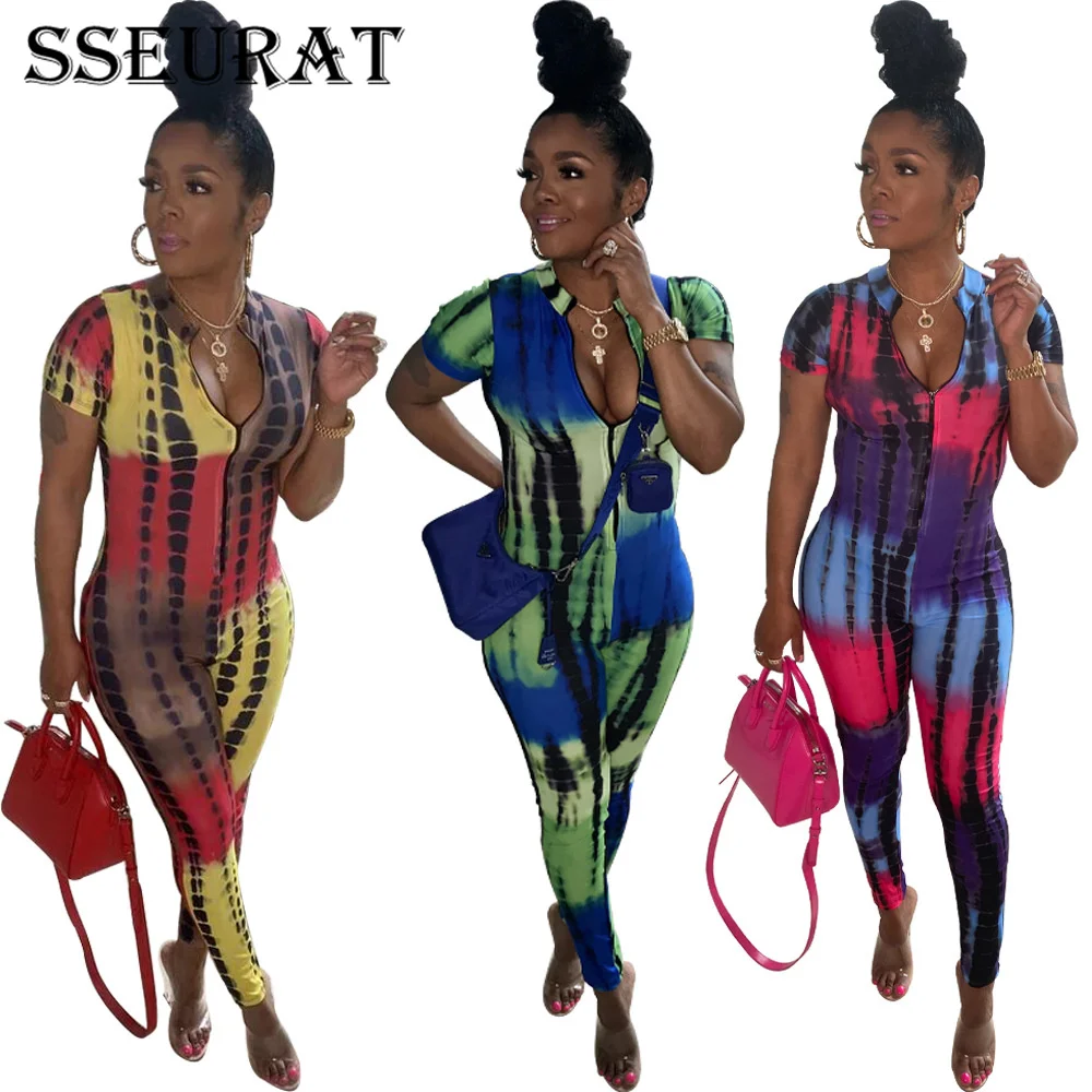 

SSEURAT Women Playsuit Print Zip O-neck Short Sleeve Elastic Bodycon Playsuits Casual One Piece Set 2021