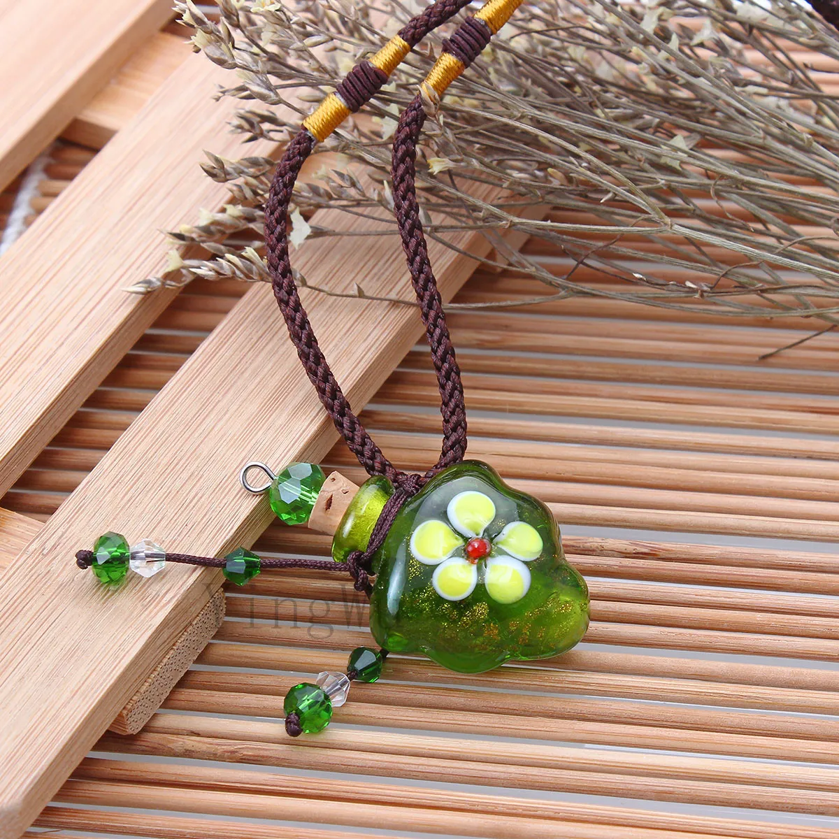 YingWu Murano Glass GREEN oil ashes urn bottle cork pendant vial Necklace Adjustable | Украшения и аксессуары