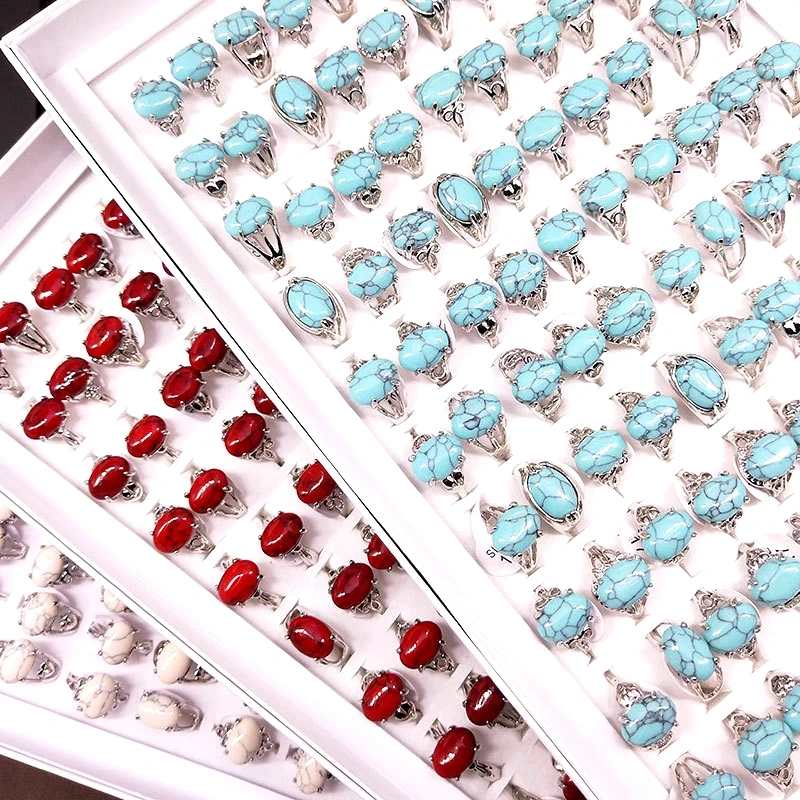 

MIXMAX Wholesale 50 Pieces Womens Turquoise Oval Stone Rings Fashion Jewelry Beautiful Party Gift Variety of Styles 6 Colors