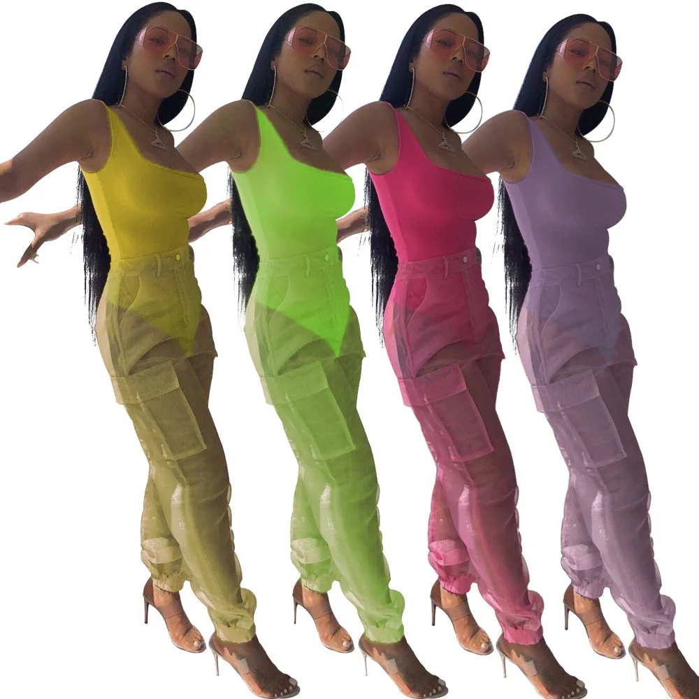 

2021 New Fashion Sexy Temperament One-Piece Multicolor Organza Trousers Casual Two-Piece Suit