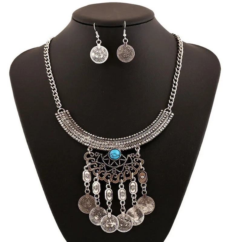 

Ethnic Crescent Rhinestone Hollow Flower Coin Fringe Choker Necklace Earring Set Gypsy Turkish India Jewelry Set