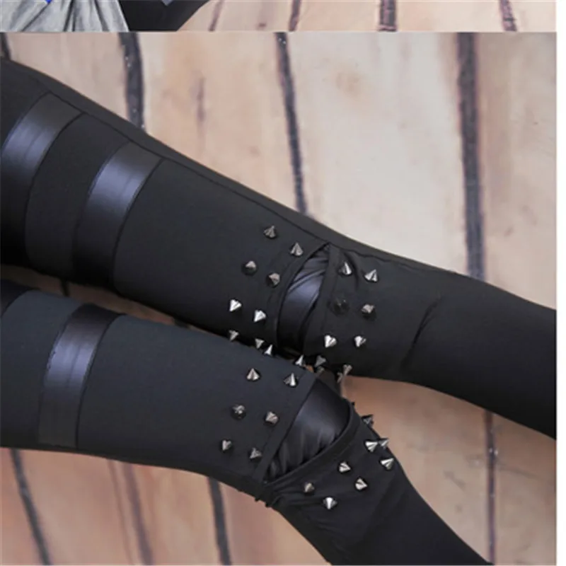 

High Waist Leather Leggings Women Black Punk Femme Fitness PU Leggings Sexy Push Up Slim Pants Rivets