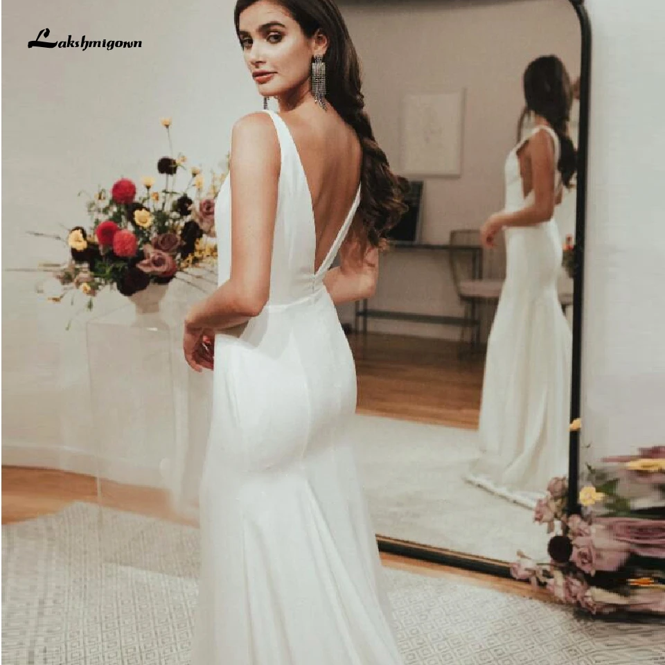 Lakshmigown стильное платье, в стиле русалки, v-образный вырез, сексуальное атласное свадебное платье со шлейфом, глубокий v-образный вырез сзади, сексуальные свадебные пляжные платья